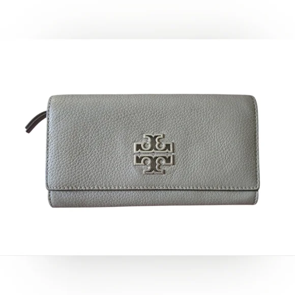 Tory Burch Pebbled Leather Continental Wallet in Light Gray - Picture 1 of 10